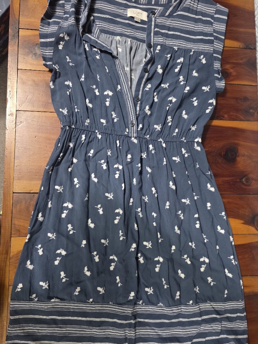 LOFT Navy and White Floral/ Striped Dress XS